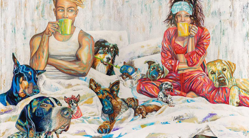 painting of man and women sitting in bed with coffee and lots of dogs