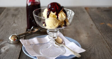 ice cream with blueberry syrup
