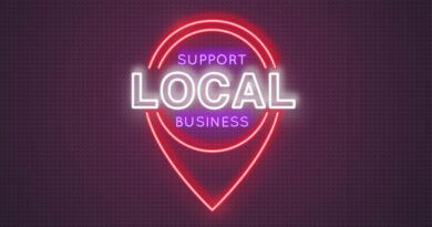Neon location icon with the words support local business. Concept of helping local businesses in difficult economic conditions. Vector illustration in neon style.