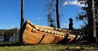 Traditional Birchbark Canoe Handcrafted at Trent University Launched on the Otonabee River